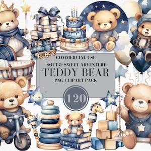 Watercolor Teddy Bear Clipart for Boy, Watercolor Baby Shower Clipart, Denim Blue Teddy Bear Clipart, Vintage Teddy Bear, Commercial Use