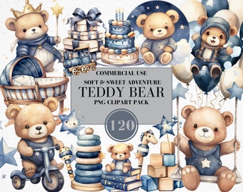 Clipart di orsacchiotto dell'acquerello per ragazzo, clipart di baby shower dell'acquerello, clipart di orsacchiotto blu denim, orsacchiotto vintage, uso commerciale