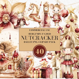 Watercolor Nutcracker Ballet Clipart, Nutcracker Christmas, Ballerina, Clara, Sugar Plum Fairy, Mouse King, Burgundy, Gold, Commercial Use