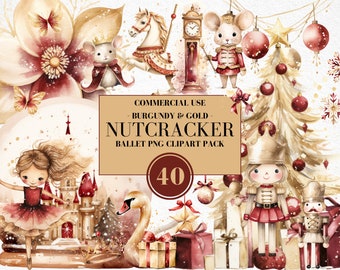Aquarell Nussknacker Ballett Clipart, Nussknacker Weihnachten, Ballerina, Clara, Zuckerfee, Mausekönig, Burgund, Gold, kommerzielle Nutzung