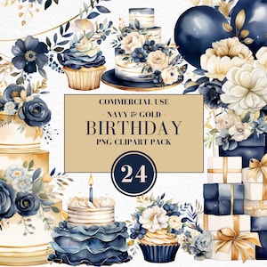 Watercolor Navy & Gold Birthday Clipart, Watercolor Birthday Clipart, Boho Floral Elements, Bohemian Birthday, Commercial Use