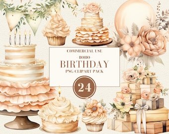 Watercolor Boho Cream Birthday Clipart, Watercolor Birthday Clipart, Boho Floral Elements, Boho Party, Bohemian Birthday, Commercial Use