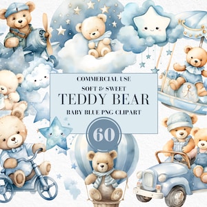 Watercolor Teddy Bear Clipart for Boy, Watercolor Baby Shower Clipart, Baby Blue Teddy Bear Clipart, Vintage Teddy Bear, Commercial Use