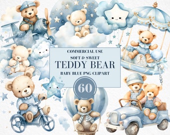 Watercolor Teddy Bear Clipart for Boy, Watercolor Baby Shower Clipart, Baby Blue Teddy Bear Clipart, Vintage Teddy Bear, Commercial Use