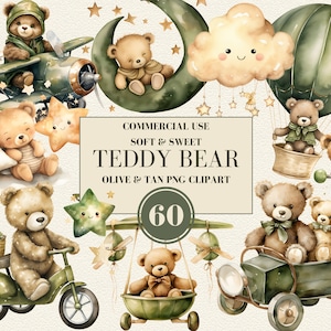 Watercolor Teddy Bear Clipart for Boy, Watercolor Baby Shower Clipart, Olive & Tan Teddy Bear Clipart, Vintage Teddy Bear, Commercial Use