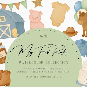 Clipart del mio primo compleanno da rodeo, PNG per baby shower da cowboy, animali del West, decorazioni per feste del Far West, bandana blu, stivali e fienile, uso commerciale