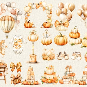 May include: A set of watercolor illustrations featuring pumpkins, fall leaves, and other autumnal elements. The illustrations are perfect for creating invitations, cards, and other crafts.