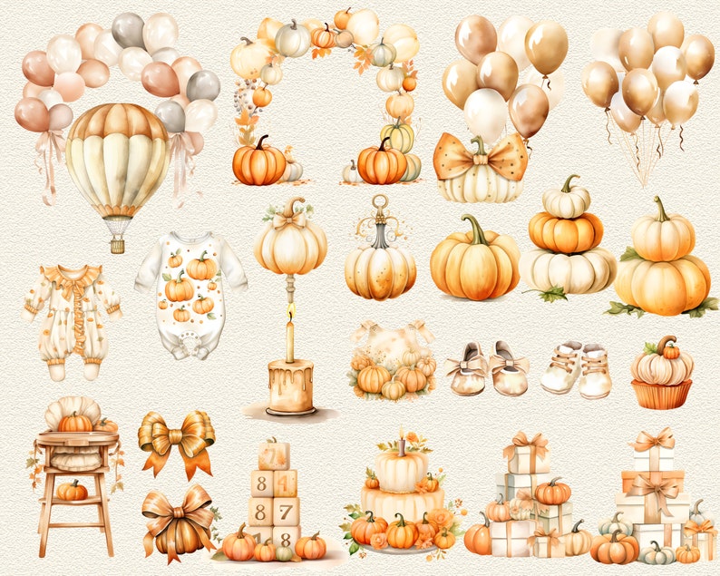 May include: A set of watercolor illustrations featuring pumpkins, fall leaves, and other autumnal elements. The illustrations are perfect for creating invitations, cards, and other crafts.