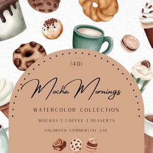 水彩コーヒーカフェ＆デザートクリップアート、エスプレッソ、モカ、コーヒーカート、フレンチカフェ、クッキー、ドーナツ、ケーキ、メニュークリップアート、商用利用