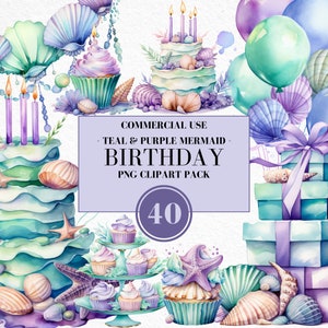 Imágenes prediseñadas de cumpleaños de sirena de acuarela, imágenes prediseñadas de cumpleaños de acuarela, bajo el mar, sirena de cumpleaños, imágenes prediseñadas de sirena, uso comercial