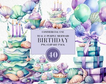 Watercolor Mermaid Birthday Clipart, Watercolor Birthday Clipart, Under The Sea, Birthday Mermaid, Mermaid Clipart, Commercial Use