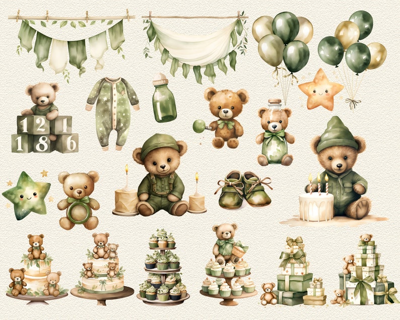 Watercolor Teddy Bear Clipart for Boy, Watercolor Baby Shower Clipart ...