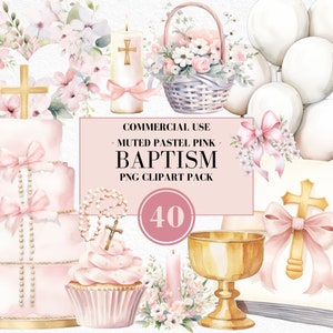 Op de afbeelding: Een set van 40 aquarel illustraties voor doop, met een taart, cupcakes, kaarsen, een kelk, een bijbel, een mand met bloemen en witte ballonnen. De illustraties zijn in gedempte pastelroze tinten.