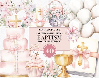 Watercolor First Communion Clipart, Pastel Pink, Baptism Clipart, Christening, Floral Cross, Bible, Religion, Rosary, Dove, Commercial Use