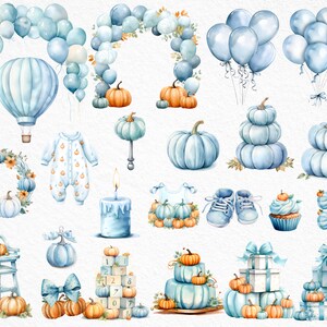 May include: Watercolor illustrations of a baby shower theme with blue and orange colors. The illustrations include pumpkins, balloons, a hot air balloon, a baby onesie, a cupcake, a candle, a wreath, a high chair, a bow, a gift box, and a stack of blocks.