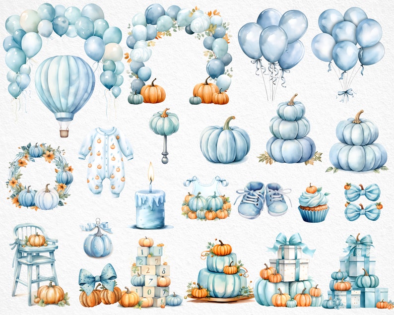 May include: Watercolor illustrations of a baby shower theme with blue and orange colors. The illustrations include pumpkins, balloons, a hot air balloon, a baby onesie, a cupcake, a candle, a wreath, a high chair, a bow, a gift box, and a stack of blocks.
