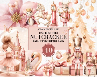 Watercolor Nutcracker Ballet Clipart, Nutcracker Christmas, Ballerina, Clara, Sugar Plum Fairy, Mouse King, Pink Rose Gold, Commercial Use