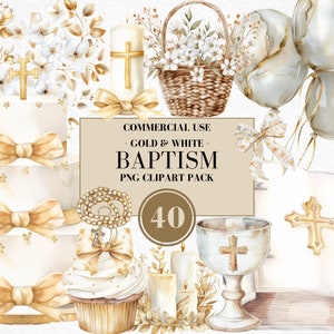 Clipart acquerello prima comunione, oro, bianco, clipart battesimo, battesimo, croce floreale, Bibbia, religione, rosario, chiesa, uso commerciale