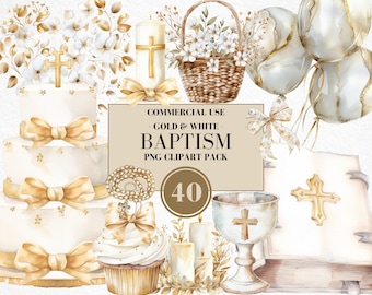 May include: A set of 40 gold and white baptism clipart images. The images include a cake, candles, a chalice, a bible, a rosary, a cupcake, a basket of flowers, and balloons.