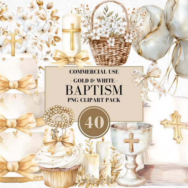 Watercolor First Communion Clipart, Gold, White, Baptism Clipart, Christening, Floral Cross, Bible, Religion, Rosary, Church, Commercial Use