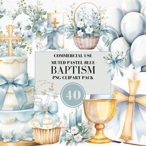 Watercolor First Communion Clipart, Pastel Blue, Baptism Clipart, Christening, Floral Cross, Bible, Religion, Rosary, Church, Commercial Use