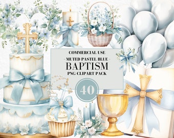 Watercolor First Communion Clipart, Pastel Blue, Baptism Clipart, Christening, Floral Cross, Bible, Religion, Rosary, Church, Commercial Use