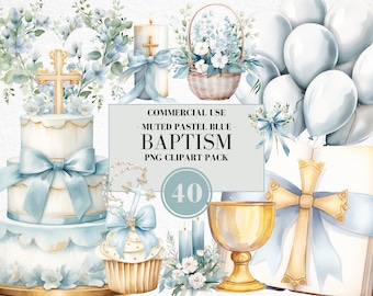 Watercolor First Communion Clipart, Pastel Blue, Baptism Clipart, Christening, Floral Cross, Bible, Religion, Rosary, Church, Commercial Use