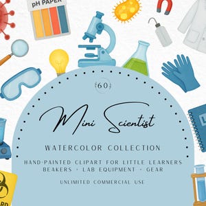 Watercolor Science Clipart, Classroom Decor PNG, Lab Equipment, Beakers, Microscope, Goggles, STEM, Teacher, Homeschool, Commercial Use