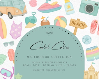 Watercolor Beach Clipart, Summer Vacation Graphics, Beach Toys, Swimsuits, Pastel Beach, Coastal Decor, Ocean Clipart, Commercial Use