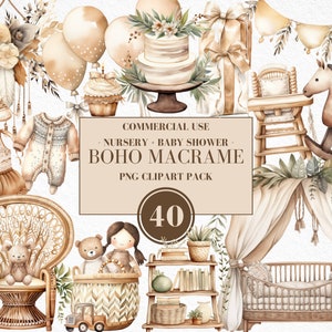 May include: A set of 40 watercolor illustrations featuring boho macrame nursery and baby shower elements. The illustrations include a rocking horse, a crib, a cake, a cupcake, a rocking chair, a wicker chair, a teddy bear, a doll, a plant, a bookshelf, a basket, a baby outfit, a baby dress, balloons, and greenery.