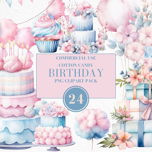 Watercolor Cotton Candy Birthday Clipart, Watercolor Birthday Clipart, Pink and Blue, Boho Floral Elements, Boho Party, Commercial Use