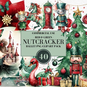 May include: A set of 40 watercolour illustrations featuring a Nutcracker theme. The illustrations include a ballerina, a nutcracker soldier, a Christmas tree, a swan, a castle, a horse, a mouse, and a poinsettia. The illustrations are perfect for creating holiday cards, invitations, and other festive projects.