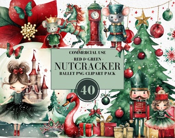 Watercolor Nutcracker Ballet Clipart, Nutcracker Christmas, Ballerina, Clara, Sugar Plum Fairy, Mouse King, Red and Green, Commercial Use