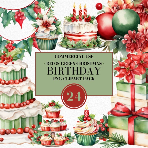 Watercolor Red & Green Christmas Birthday Clipart, Watercolor Birthday Clipart, Christmas Elements, Christmas Birthday, Commercial Use