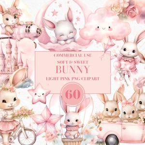 Watercolor Bunny Clipart for Girl, Watercolor Baby Shower Clipart, Baby Pink Bunny Clipart, Vintage Bunny, Boho Bunny, Commercial Use