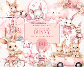 Watercolor Bunny Clipart for Girl, Watercolor Baby Shower Clipart, Baby Pink Bunny Clipart, Vintage Bunny, Boho Bunny, Commercial Use