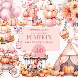 Watercolor Pumpkin Clipart for Girl, Watercolor Baby Shower Clipart, Pink Pumpkin Clipart, Autumn Farmhouse, Fall Clipart, Commercial Use