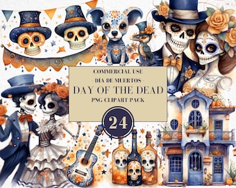 May include: A set of 24 digital illustrations for Day of the Dead, featuring skeletons, sugar skulls, a dog, a guitar, a house, and bottles of tequila. The illustrations are in a watercolor style and have a festive, colorful feel.