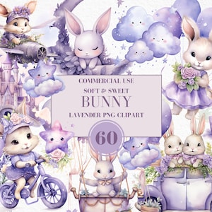 Watercolor Bunny Clipart for Girl, Watercolor Baby Shower Clipart, Lavender Bunny Clipart, Vintage Bunny, Boho Bunny, Commercial Use