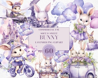Watercolor Bunny Clipart for Girl, Watercolor Baby Shower Clipart, Lavender Bunny Clipart, Vintage Bunny, Boho Bunny, Commercial Use
