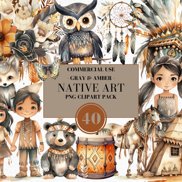 Watercolor Native American Clipart, Cute Native American, Indian Headdress, Indigenous Clipart, Cultural Heritage, Western, Commercial Use