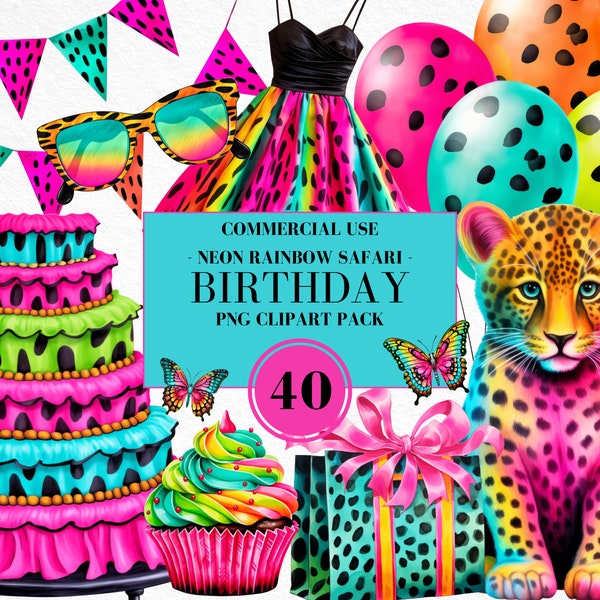 Neon Rainbow Safari Birthday Clipart, Neon Rainbow Leopard, Cheetah, Neon Rainbow Animal Print, Watercolor Birthday Clipart, Commercial Use