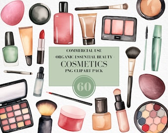 Watercolor Organic Essential Beauty Products, Cosmetics Clipart, Beauty Clipart, Makeup Clipart, Beauty Products, Make Up, Commercial Use