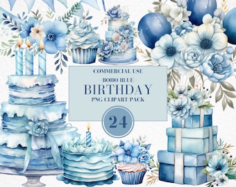 Watercolor Boho Blue Birthday Clipart, Watercolor Birthday Clipart, Boho Floral Elements, Boho Party, Bohemian Birthday, Commercial Use