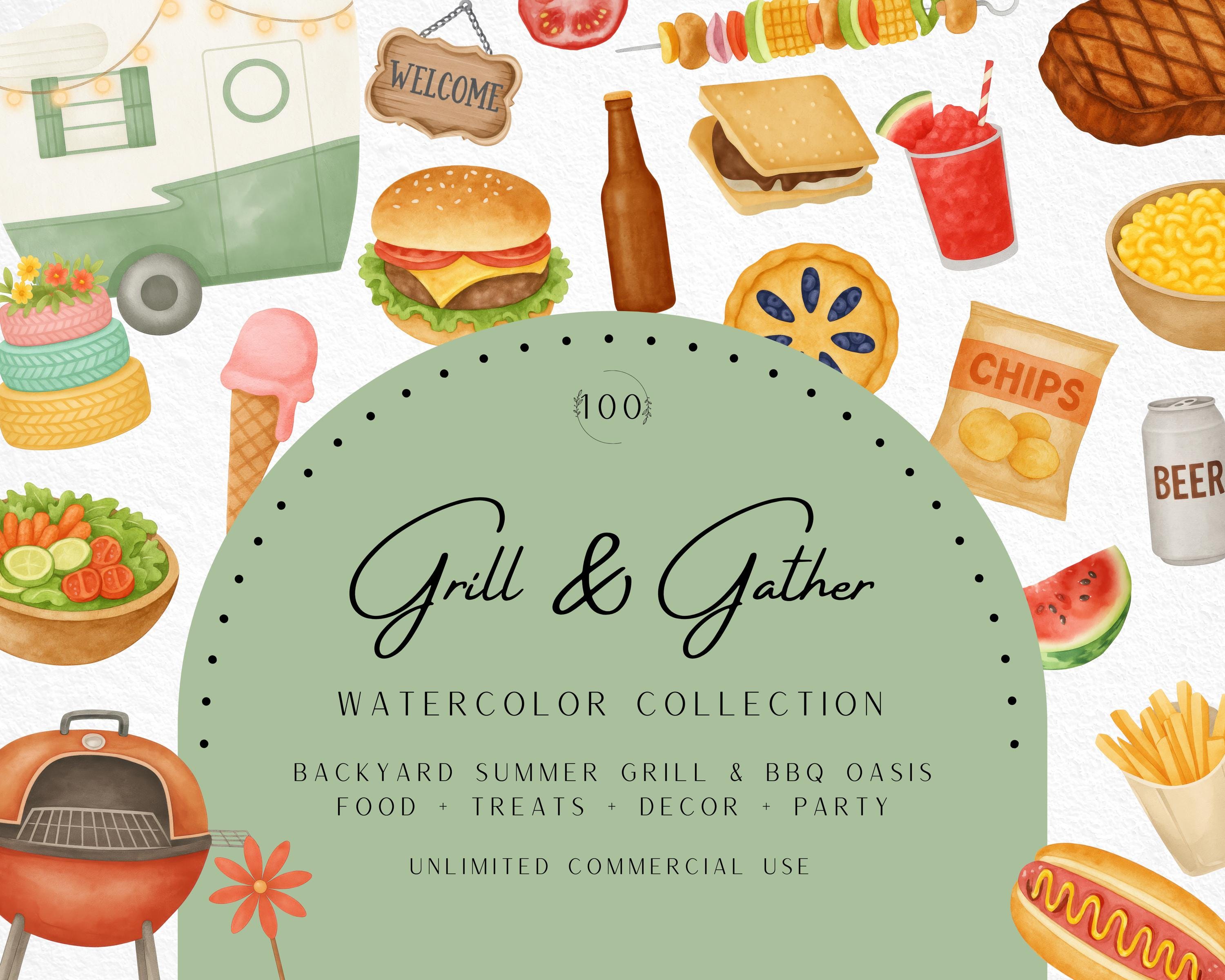 Watercolor Backyard BBQ Clipart, Summer Grill & Gather, Outdoor Party Food, Retro Camping, Picnic Decor, Cookout Clipart, Commercial Use