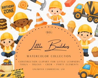Watercolor Construction Clipart, Builder PNG, Dump Truck, Excavator, Tools, Construction Birthday, Party Decor, Work Zone, Commercial Use