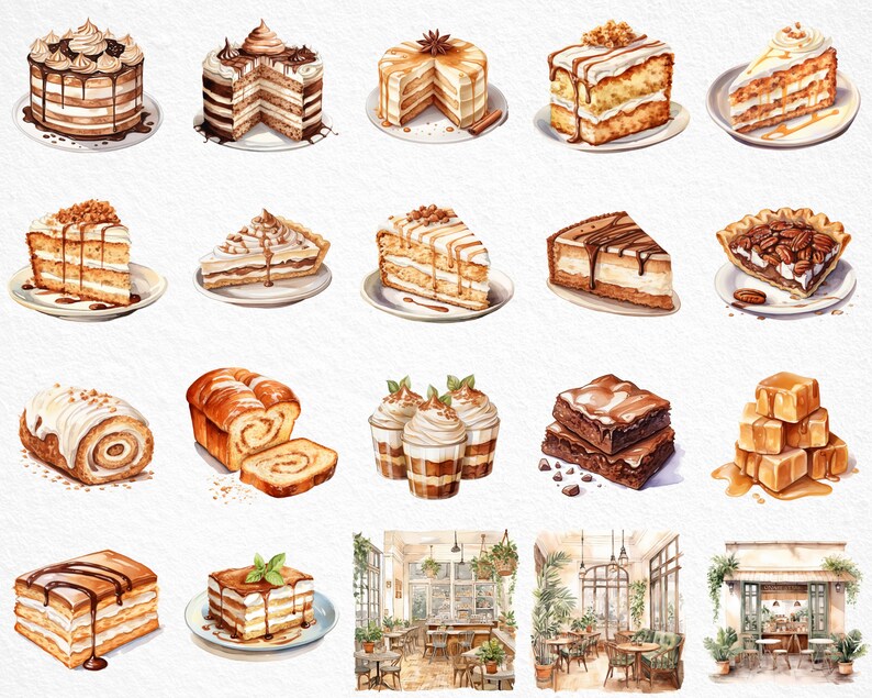 K&ouml;nnte beinhalten: Eine Aquarell-Illustration verschiedener Kuchen, Geb&auml;ck und Desserts, darunter ein Schokoladenkuchen, ein Pecan Pie, ein Karamellkuchen, ein Brownie und ein Kaffeekuchen. Die Illustration enth&auml;lt auch verschiedene Toppings wie Karamell, Schokolade und N&uuml;sse.