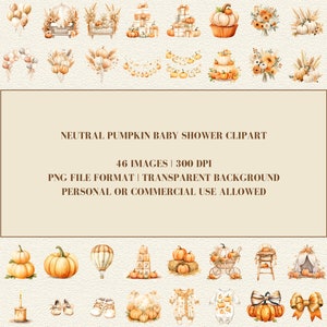 May include: A set of 46 digital illustrations featuring watercolor pumpkins, baby clothes, and other baby shower decorations in neutral colors. The illustrations are perfect for creating invitations, party decorations, and other baby shower crafts.