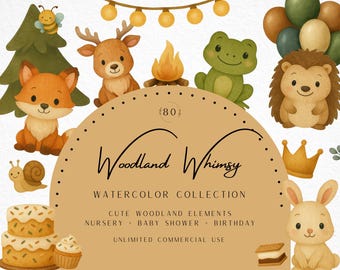 Woodland Whimsy Clipart, Waldtier-Babyparty PNG, rustikale Geburtstagsfeierdekoration, Fuchs, Hirsch, Bär, Hase, Zelt, Luftballons, kommerzielle Nutzung