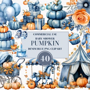 Watercolor Pumpkin Clipart for Boy, Watercolor Baby Shower Clipart, Blue Pumpkin Clipart, Autumn Farmhouse, Fall Clipart, Commercial Use